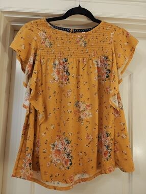 Mustard Floral Smocked Ruffle Sleeve Top - Women
